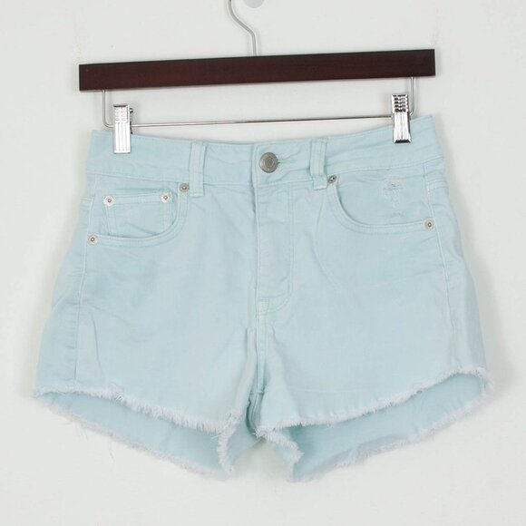 American Eagle Distressed Stretch Denim Jean Shorts Mint Green Size 4 - Picture 1 of 6